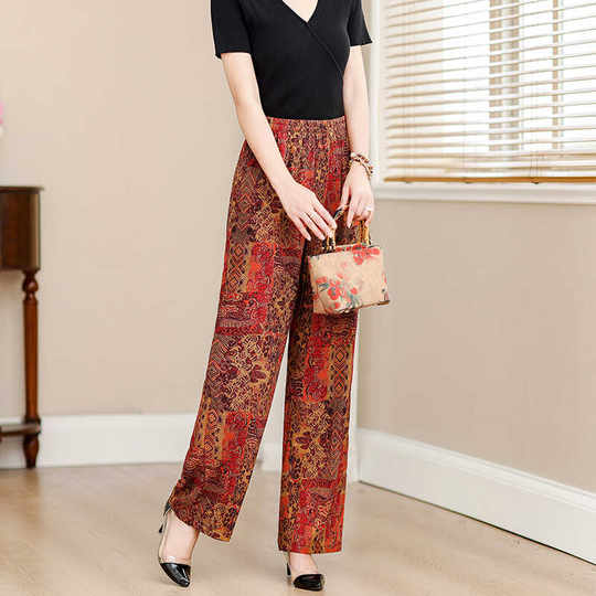 中老年棉绸花裤子夏季女士妈妈大码松紧腰休闲裤人造棉薄款九分裤