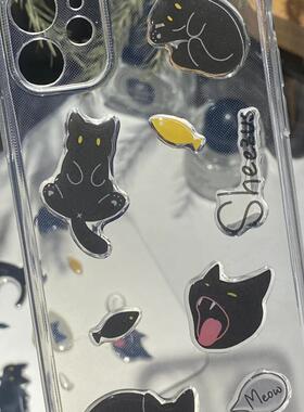 小红书同款搞怪黑色小猫咪果冻贴纸背胶ins风手机壳ccdipad装饰贴
