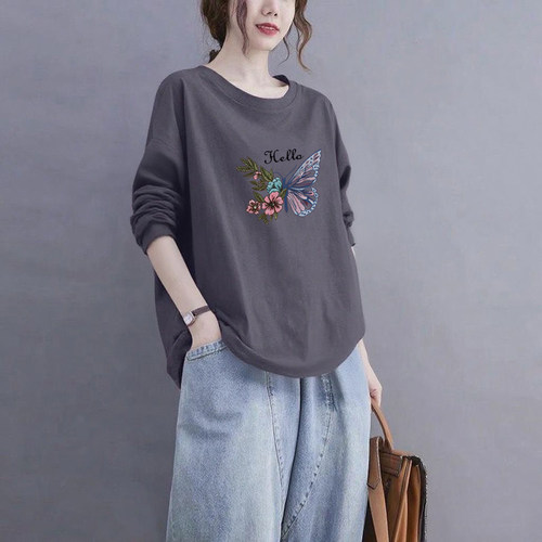 品牌出口清仓100%纯棉长袖气质时尚t恤女秋冬宽松休闲打底衫上衣 - 图1