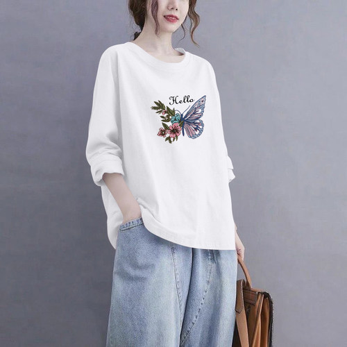 品牌出口清仓100%纯棉长袖气质时尚t恤女秋冬宽松休闲打底衫上衣 - 图2