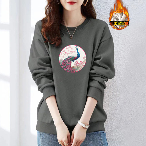 外贸出口纯棉加绒加厚秋冬气质卫衣女宽松显瘦洋气休闲长袖上衣潮 - 图0