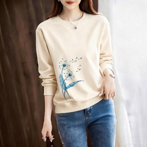 品牌出口清仓纯棉休闲气质卫衣女秋冬加绒宽松时尚长袖打底衫上衣 - 图1