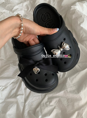 韩系ins少女银色蝴蝶结黑丝带洞洞鞋扣diy鞋子吊坠个性鞋花时髦潮