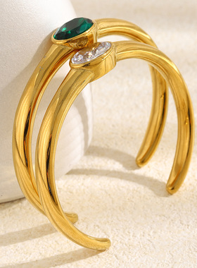梦嘉欧美跨境气质小众个性手饰不锈钢镀18K椭圆锆石手镯女士饰品
