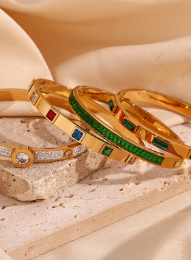 欧美时尚流行珠子串式手链不锈钢镀18K金锆石闭口弹簧卡扣手镯女