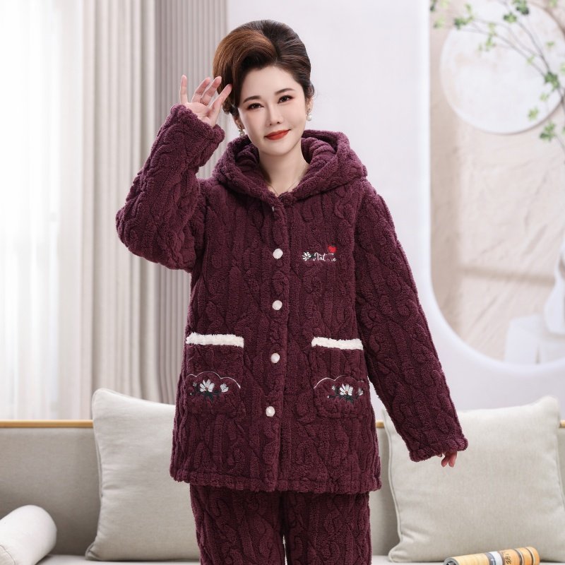 中老年三层超厚珊瑚绒夹棉睡衣女士冬季加绒棉袄中年妈妈老人套装,淘宝优惠券,粉丝福利购,淘宝优惠卷