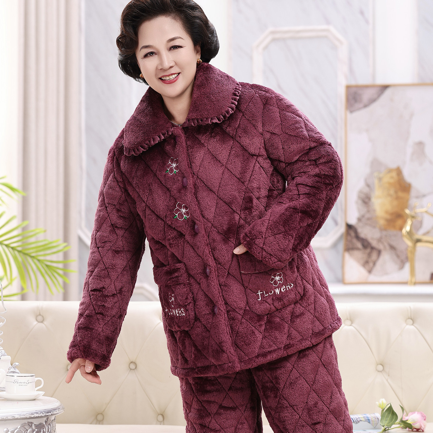 中老年三层超厚珊瑚绒夹棉睡衣女士冬季加绒棉袄中年妈妈老人套装,淘宝优惠券,粉丝福利购,淘宝优惠卷