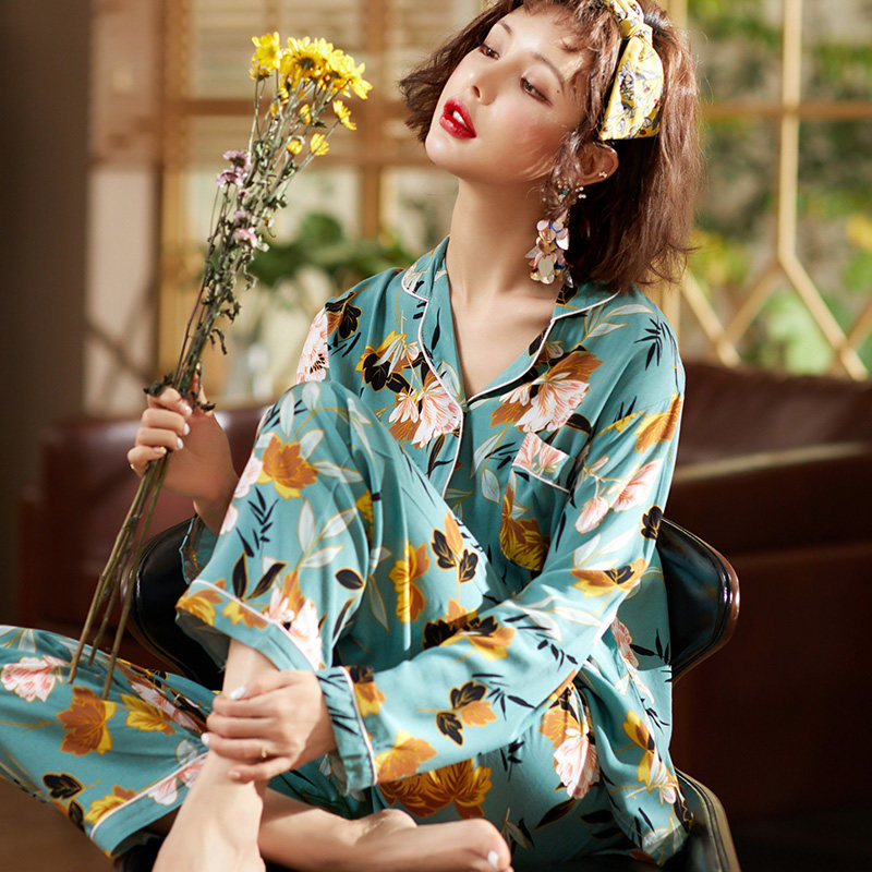 春夏翻领卡通长袖长裤人造棉睡衣 爱唯美服饰睡衣/家居服套装