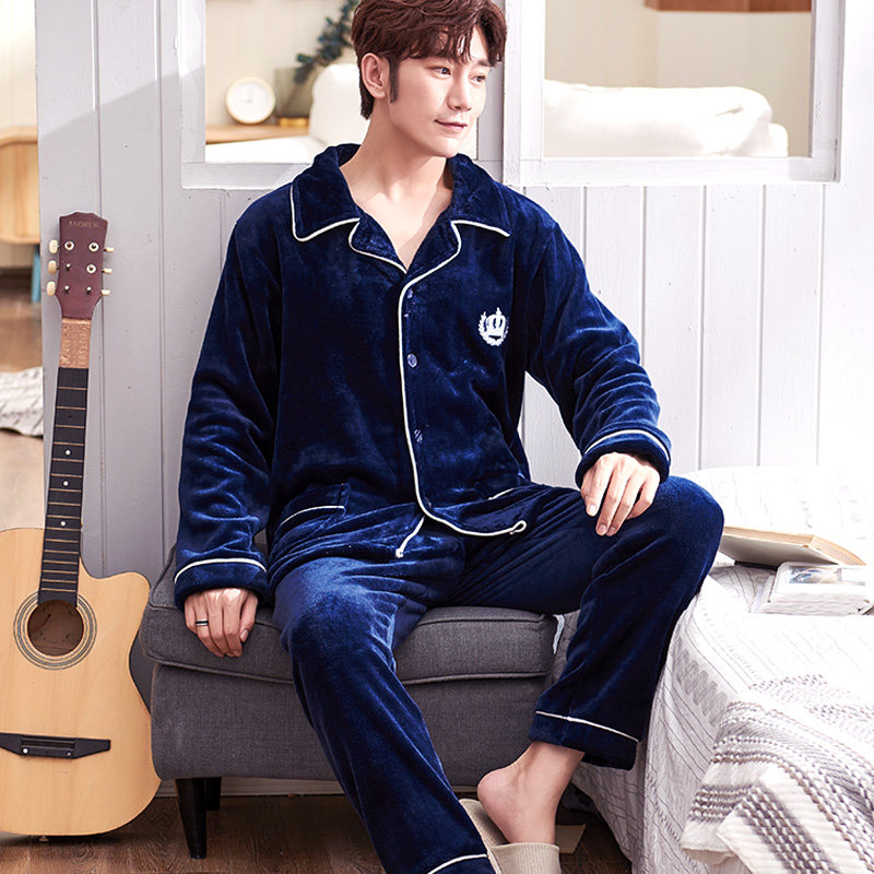 秋冬天珊瑚绒男士青年长袖套装睡衣 爱唯美服饰睡衣/家居服套装