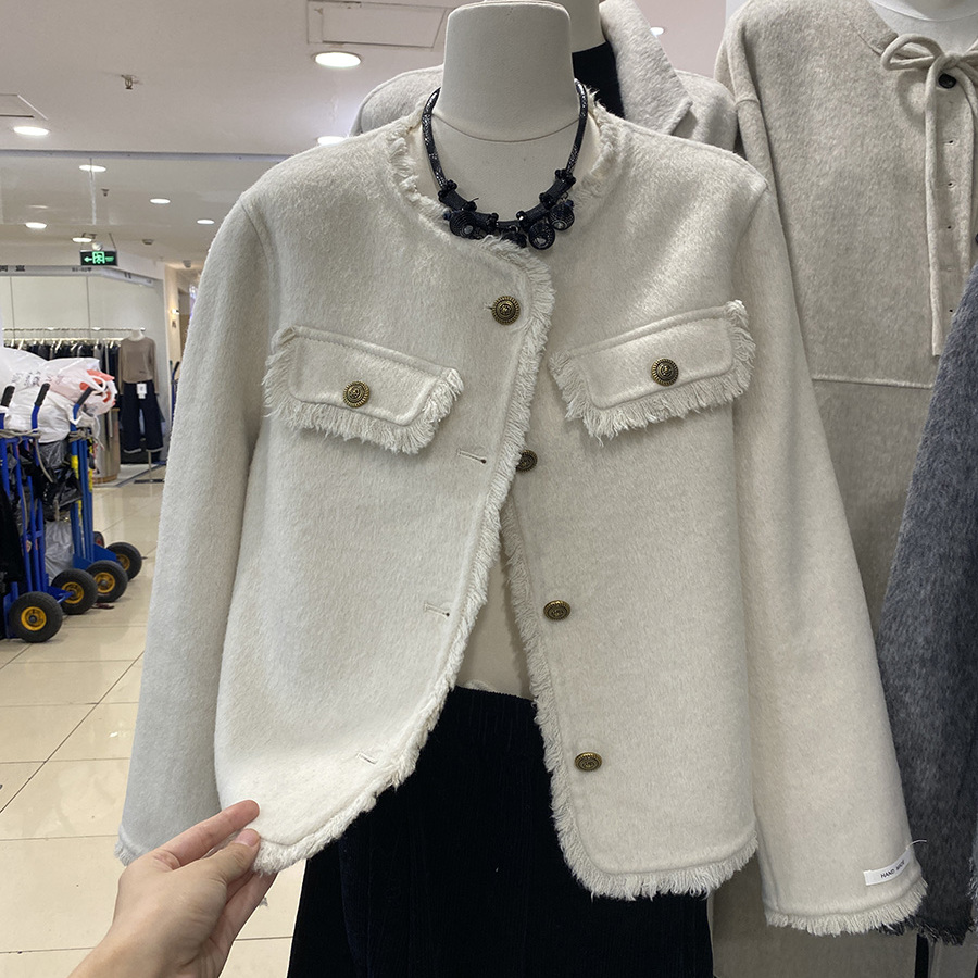 2025冬新款小香风外套女短款双面羊绒大衣羊毛呢子毛边流苏上衣 - 图0