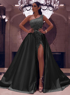 欧美风长裙晚礼服单肩拖地