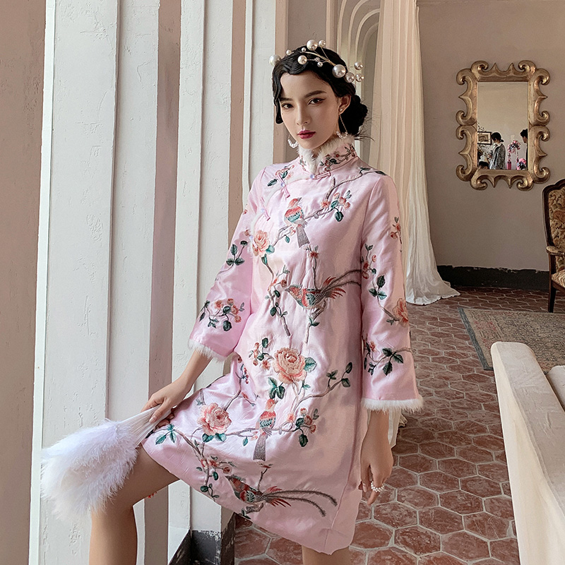 Quilted cheongsam, demi-season down jacket, dress, 2023 collection, long sleeve, Chinese style Quilted cheongsam, demi-season down jacket, dress, 2023 collection, long sleeve, Chinese style