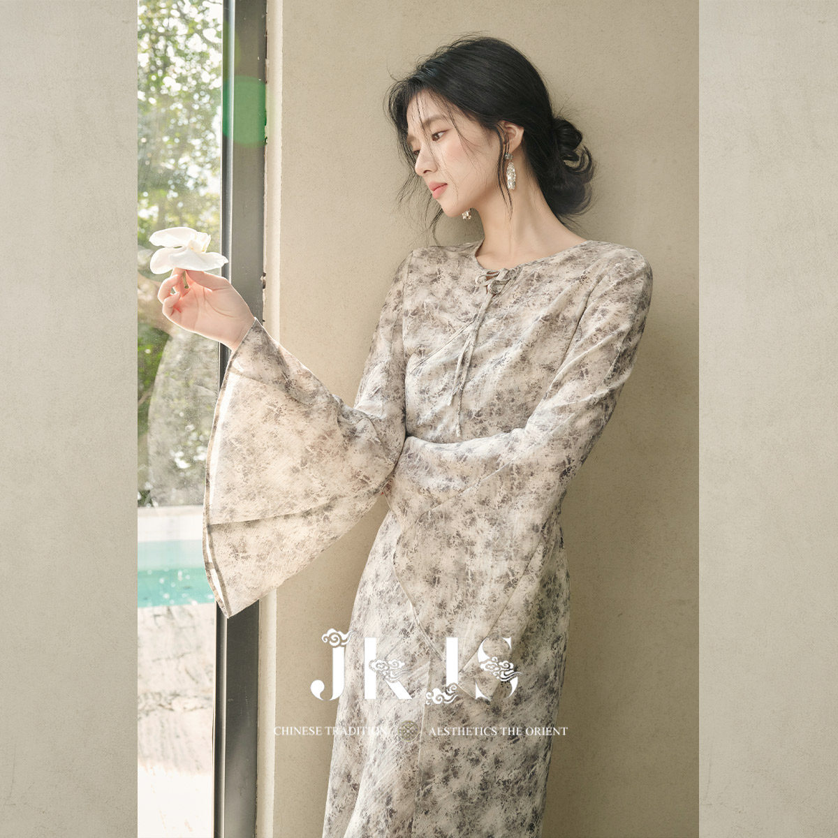 JKJS【韵韶华】人丝亚麻碎花裙 新中式长袖连衣裙日落裙气质长裙