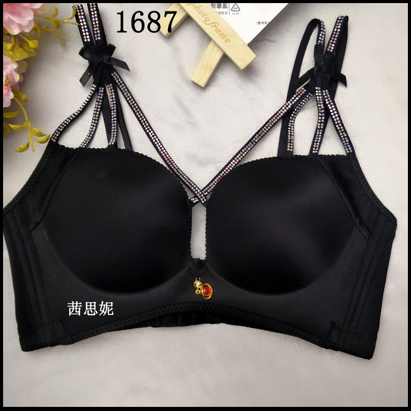 无痕美胸带钻黑色彩钻交叉肩带胸罩 茜思妮文胸