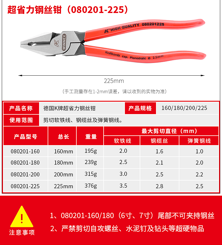 原装德国k牌进口多功工业级超省力钢丝钳老虎钳克丝断线钳拉丝钳