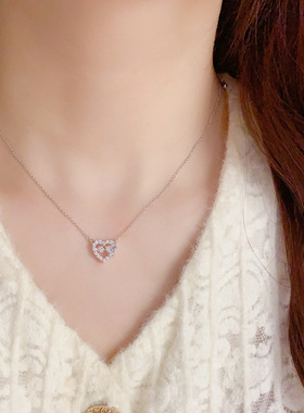 轻奢高级感微镶满钻超闪粉色镂空爱心项链女 甜美气质锁骨链项饰