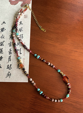 「敦煌 九色鹿」原创敦煌配色项链天然石红玛瑙图画石锁骨链叠戴