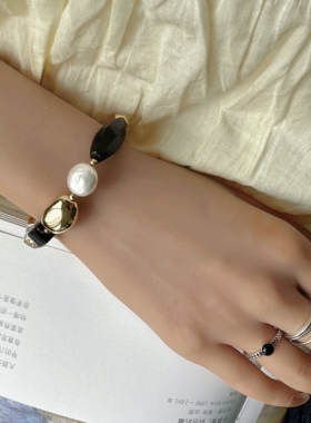 「中古缪斯」法式复古巴洛克珍珠手链白水晶黑玛瑙手串钛钢高级感