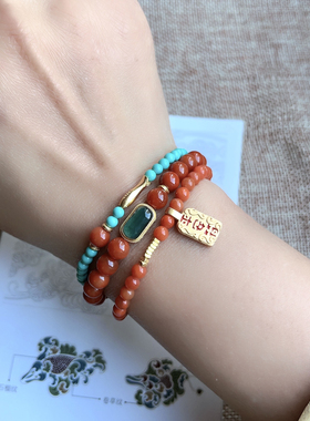 「鱼戏莲叶间」原矿高瓷3mm绿松石手串925银镀金小鱼手链新中式