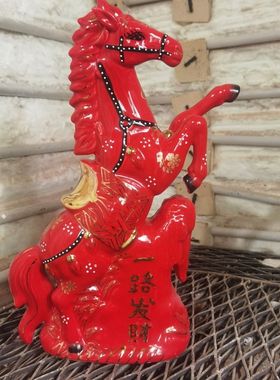 陶瓷红油马,马到成功,旗开得胜,摆件