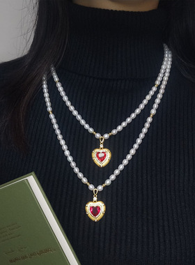 珍珠毛衣链长款天然淡水设计感小众轻奢法式复古中红宝石爱心项链
