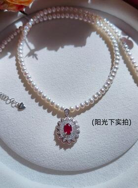 法式天然真红宝石项链吊坠珍珠本命年S925银不掉色轻奢高级感礼物