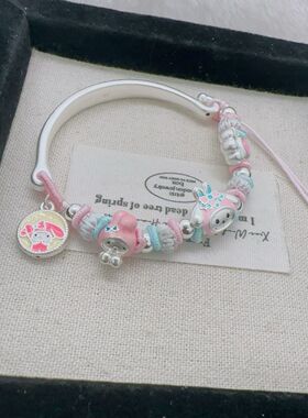 足银999三丽欧可爱卡通美乐蒂熊爪半镯编绳手链纯银玉桂狗送礼物