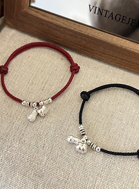 足银999纯银好事发生红绳手链女时尚气质新中式柿子花生编绳手链