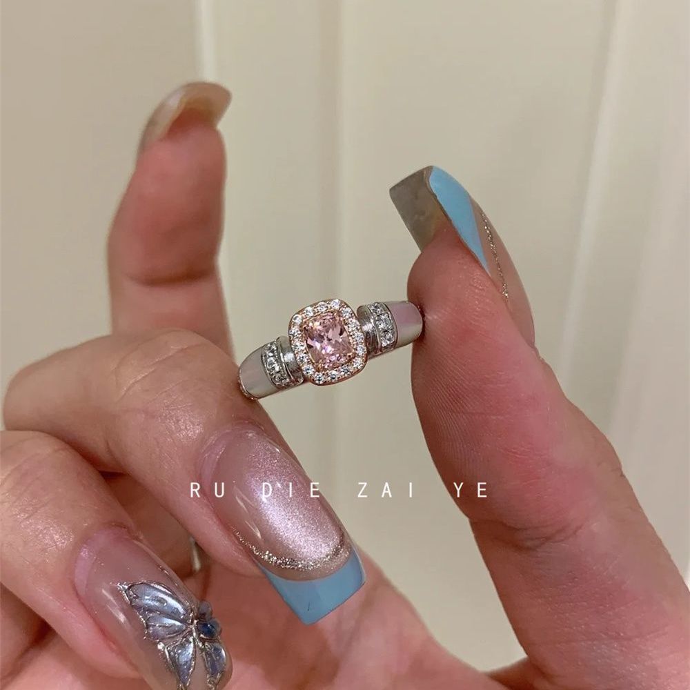 Kuning middle-aged vintage zircon sugar cube ring pink socialite style daughter high-end light luxury open ring