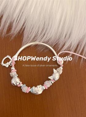 SHOPWendy |纯银9999可爱卡通kitty城堡蝴蝶结足银编绳手镯可调节