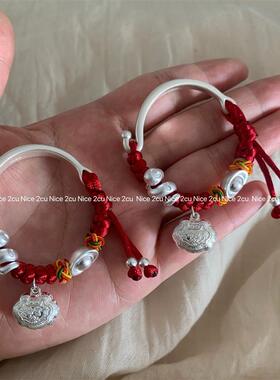 宝宝银手镯婴儿9999纯银蛇宝宝长命富贵锁足银编绳满月儿童见面礼