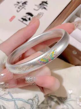 足银9999蝴蝶手镯女描金珐琅彩蝴蝶祥云轻奢高级感新中式纯银镯子