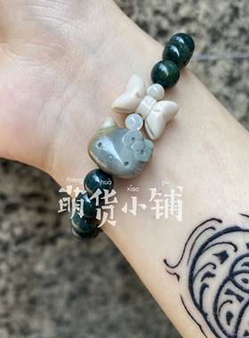 萌货小铺原创DIY俏色kt蝴蝶结墨绿色然阿拉善玛瑙手链手串礼物2