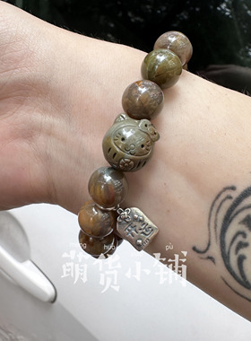 萌货小铺原创手作DIY蓝绿色kitty达摩老料阿拉善玛瑙手链手串礼物