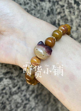 萌货小铺原创DIY俏色kitty老料黄色天然阿拉善玛瑙手链手串
