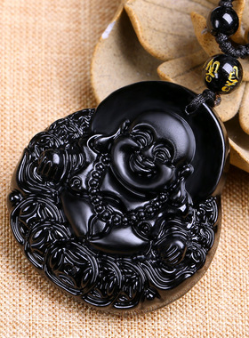 天然黑曜石金钱吊坠大肚佛像项链