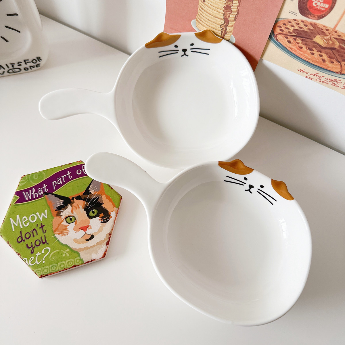 韩国ins猫咪陶瓷带把手柄盘子家用餐盘碗焗饭烤盘水果零食小菜碗,淘宝优惠券,粉丝福利购,淘宝优惠卷