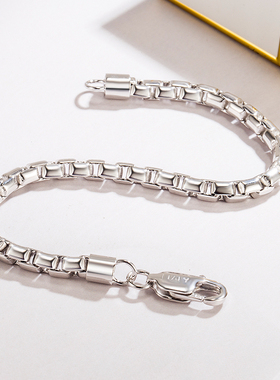 S925纯银光身男士盒子链手链百搭朋克韩版时尚情侣银手链男友礼物