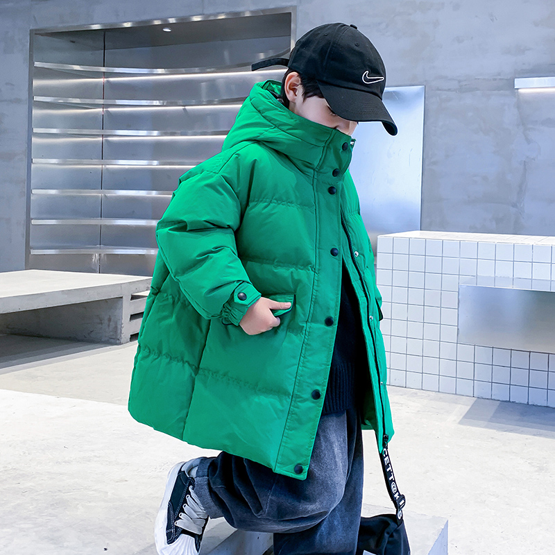 儿童绿色中长款羽绒服2025新款男童加厚冬装男孩冬季连帽炸街外套 - 图0