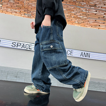 Boy Autumn Winter Clothing Straight Cylinder Tooling Broadlegged Jeans 2023 New CUHK Children Winter Plus Suede Handsome Pants