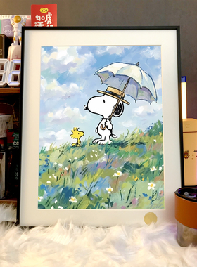 油画风史努比花生漫画Snoopy史奴比客厅卧室书房动漫版画装饰画