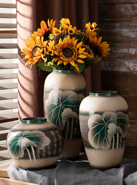 景德镇新中式现代陶瓷手绘花瓶 家居装饰品台面玄关茶室插花摆件