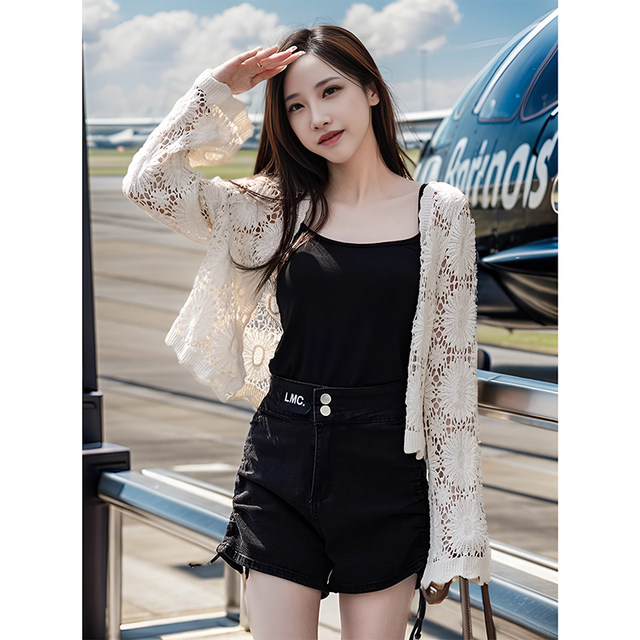 ເສື້ອລູກໄມ້ hollow-sleeved ບາງ cardigan ສໍາລັບແມ່ຍິງ 2024 ພາກຮຽນ spring ດູໃບໄມ້ລົ່ນ summer ກັບ suspender skirt ປ້ອງກັນແສງແດດ shawl ແລະ blouse ຂະຫນາດນ້ອຍ
