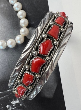 设计师大品牌古董首饰银饰印第安纳瓦霍手工925纯银手镯中古