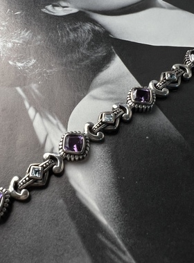 紫水晶手链925银纯银手链手镯蓝色托帕石手链vintage古董首饰银饰