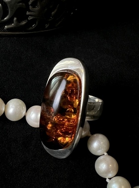 孤品Vintage古董首饰925纯银天然琥珀戒指花珀蜜蜡老银饰中古配饰