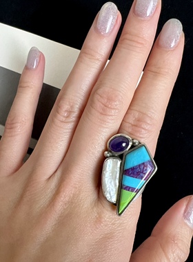 925纯银紫水晶绿松石戒指