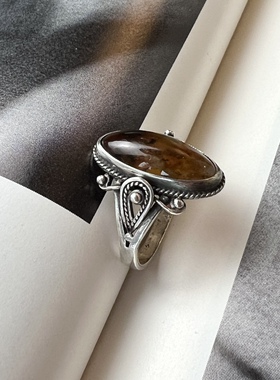 古董首饰玛瑙戒指925纯银