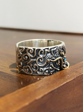 S925纯银做旧青龙戒指时尚复古男女可佩戴开口活口可调节大小指环