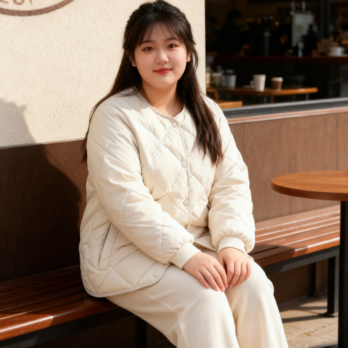 秋冬新款大码女装胖mm加厚保暖菱格羽绒棉服女宽松小个子棉衣外套 - 图1